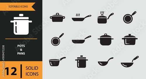 Pots and Pans Icons solid icon set.Kitchen pots and pans solid icons