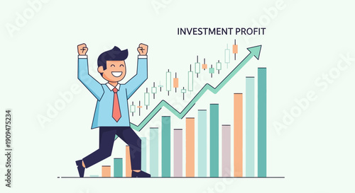 Businessman celebrating investment profit with rising graph and upward trend in financial success