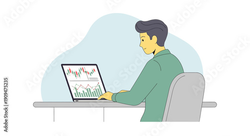 Man working on laptop with business graphs on screen in a modern office setting
