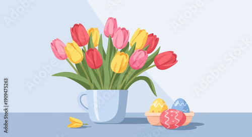 A simple, stylized depiction of spring tulips in a vase next to decorated Easter eggs