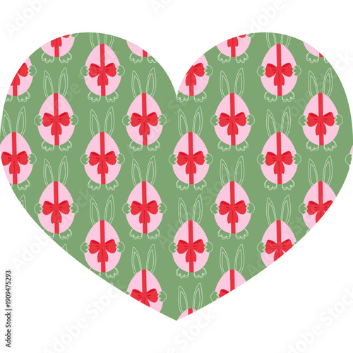 Outline Bunny hiding behind Easter Egg with bow Heart Backdrop Minimalistic Flat and Outline design. Easter Greetings Thematic Background Party Invite or Promo leaflets, social media post, label, tag