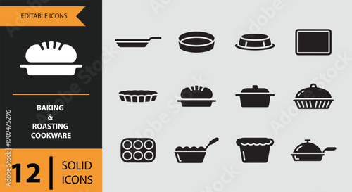 Baking and Roasting Cookware Icons solid icon set.Essential baking and roasting solid icons