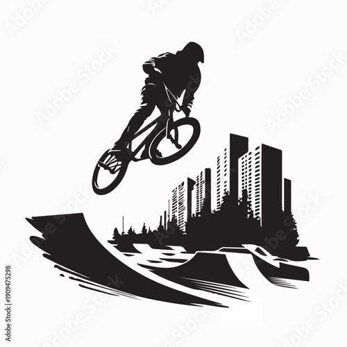 Silhouette of a teenage boy doing stunts on a BMX bike in a city Park silhouette vector