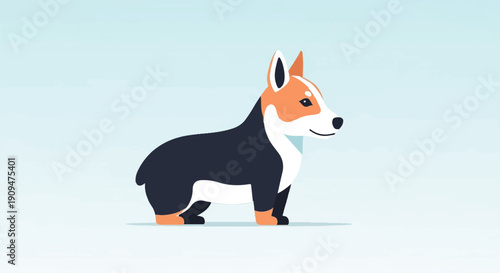 A stylized corgi dog with orange, white, and black coloring stands in profile