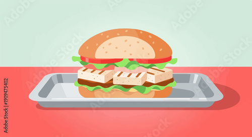 A stylized, minimalist illustration of a sandwich with grilled tofu on a silver tray
