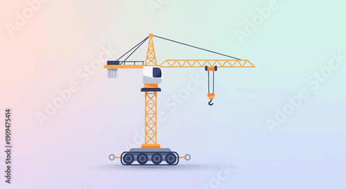 A yellow construction tower crane with a hook and wheels against a gradient background