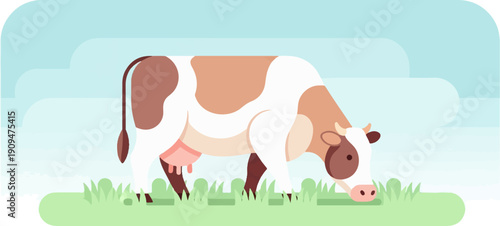 A stylized cow grazes peacefully in a green field under a blue, cloudy sky