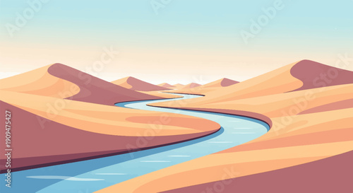 A winding river flows through a serene desert landscape under a soft sky