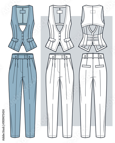 Women Tailored Vest and Pants Set Technical Flat Sketch, Fashion CAD of Waistcoat with Open Back Cutout and High Waist Trousers, Front and Back View, Blue Color.