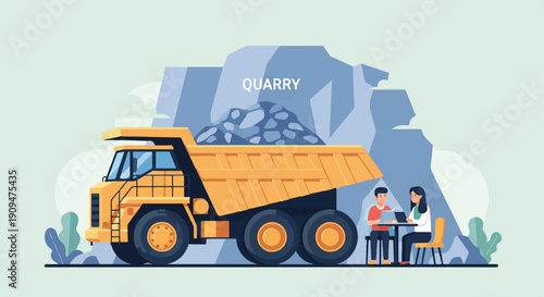 A yellow dump truck sits next to a quarry with two people at a table, discussing a tablet