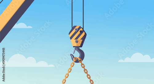 A yellow and black striped crane hook hangs from cables against a blue sky