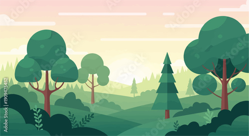 A stylized, minimalist landscape with rolling hills, trees, and a soft sunset