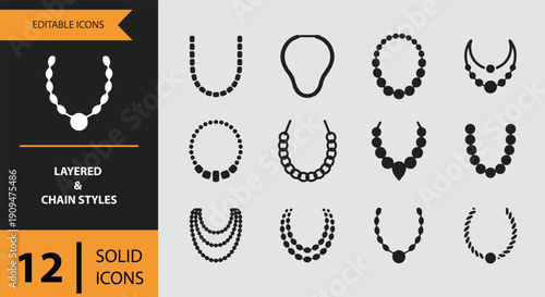 Layered and Chain Styles Icons solid icon set.Layered necklace and chain solid icons