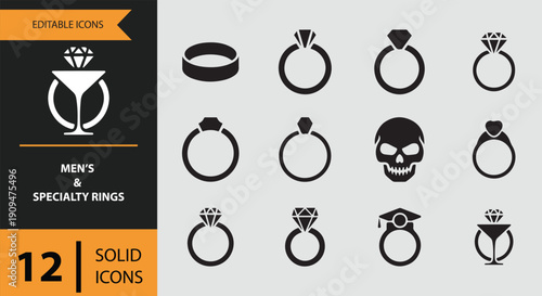 Mens and Specialty Rings Icons solid icon set.Masculine specialty ring solid icons