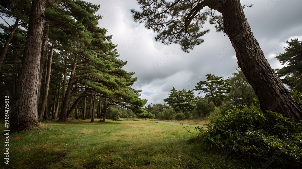 Fototapeta premium Tall pine trees arching over a grassy clearing under a dramatic cloudy sky conveying a sense of wild natural beauty and serene solitude