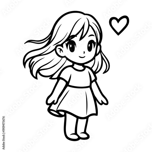 Dibujo con líneas de niña de pie con un corazón cerca de la cabeza 