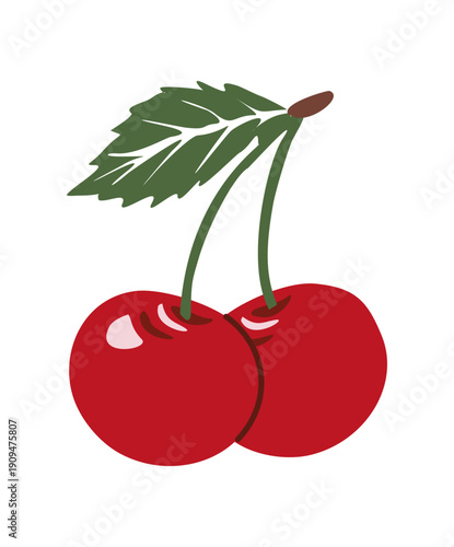 Stylized flat vector illustration of two glossy red cherries with green stems and a detailed serrated leaf, isolated on transparent background. Bright, clean fruit design.