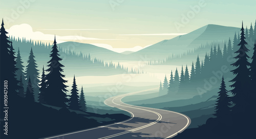 A winding road leads through a misty forest of evergreen trees