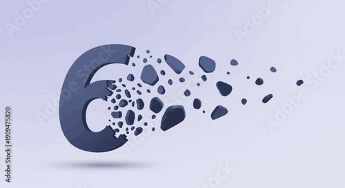 A stylized number 6 disintegrates into numerous dark, small, irregularly shaped pieces