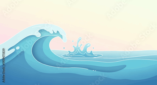 A stylized ocean wave crashes with splashes against a soft, pastel sky