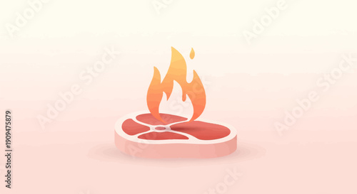 A stylized depiction of a raw steak with stylized flames rising from its center