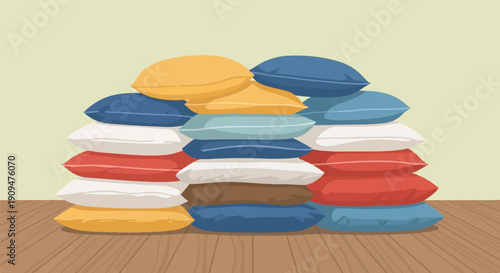 A tall, colorful stack of plush cushions piled high on a wooden surface