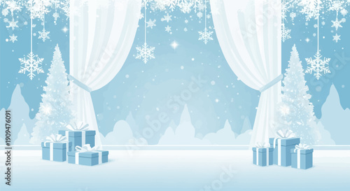 A winter wonderland scene with snow-covered trees, festive gifts, and gentle snowfall