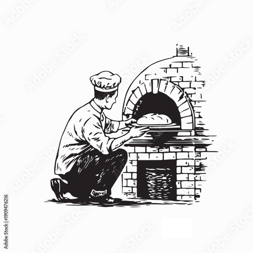 Baker Removing Fresh Bread from Brick Oven Image Vector