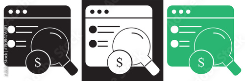 Virus Search Icon Set Vector Illustration Collection.  virus search icons with magnifying glass symbol in black and green, representing pandemic research and medical analysis concepts.EPS10AI.