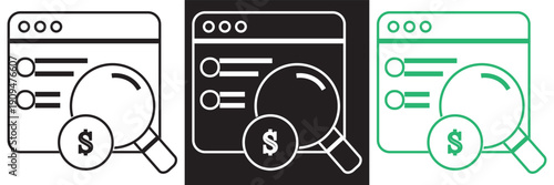 Virus Search Icon Set Vector Illustration Collection.  virus search icons with magnifying glass symbol in black and green, representing pandemic research and medical analysis concepts.EPS10AI.