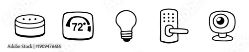 Set of hand-drawn smart home icons including a smart speaker, thermostat, light bulb, digital lock, and security camera in black line art style.