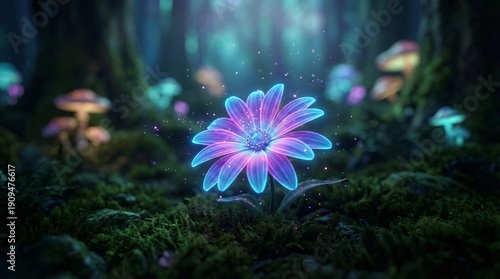 close-up of a magical flower glowing in a dark mystical environment, petals radiating neon blue, purple, and pink light