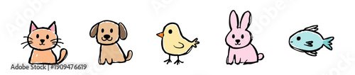Set of cute hand-drawn animal doodles including a cat, dog, chick, rabbit, and fish. Simple colorful cartoon characters on white background.