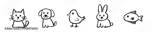 Hand-drawn set of five cute pet icons: cat, dog, bird, rabbit, and fish. Simple black line art doodle illustrations on a white background.