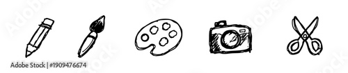 Set of hand-drawn art and craft icons featuring a pencil, brush, palette, camera, and scissors in a minimalist sketchy doodle style.