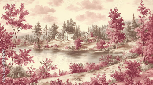 Serene landscape featuring a tranquil lake surrounded by vibrant pink trees and a charming house, evoking a sense of peace and nostalgia
