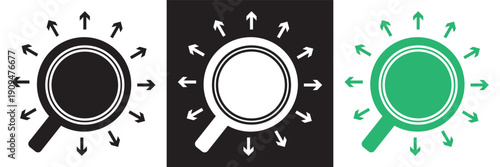 Virus Search Icon Set Vector Illustration Collection.  virus search icons with magnifying glass symbol in black and green, representing pandemic research and medical analysis concepts.EPS10AI.