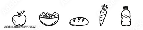A series of black and white hand-drawn doodles representing healthy food items: apple, salad bowl, bread loaf, carrot, and a water bottle.