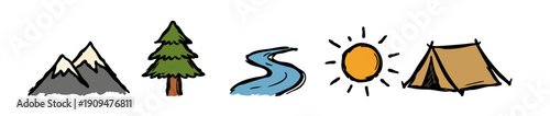 Hand-drawn outdoor adventure icons featuring snow-capped mountains, an evergreen tree, a winding river, a bright sun, and a camping tent.