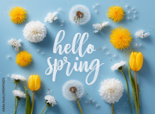 A colorful spring arrangement with flowers and the words hello spring on a blue background