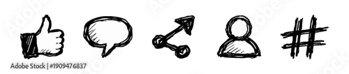 Hand-drawn social media icons including like, comment, share, user, and hashtag in a sketchy doodle style on a white background.