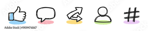 Set of hand-drawn social media icons including like, comment, share, profile, and hashtag symbols with pastel color accents on white background.