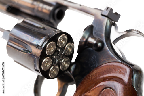 Canvas Print Loaded revolver cylinder close-up on white background