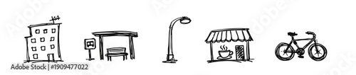 Set of hand-drawn black and white urban icons: building, bus stop, street light, coffee shop, and bike. Minimalist city life sketches.