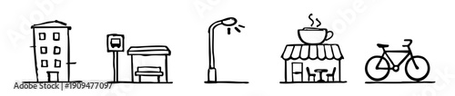 Set of hand-drawn city icons including a building, bus stop, street lamp, cafe, and bicycle. Simple urban doodle vector illustration.