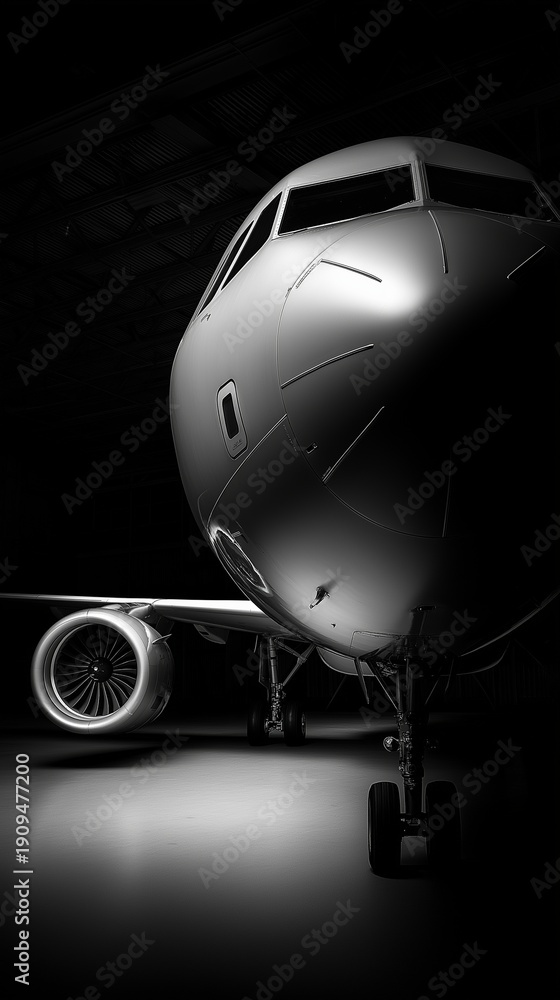 Fototapeta premium Elegantes Flugzeug mit glänzender Oberfläche steht im dunklen Hangar in dramatischer Beleuchtung