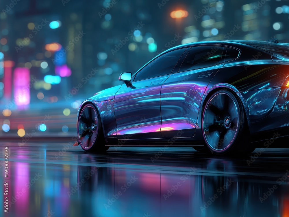 Fototapeta premium Sleek black luxury sedan parked on a reflective urban street at night, illuminated by colorful neon lights from nearby buildings and street lamps