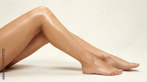 Smooth tanned female legs and feet resting on a clean white background, skincare and hair removal concept