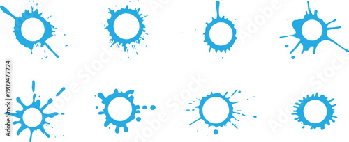 Blue ink splatter circle set. Abstract paint splash frames isolated on white background. Creative grunge blot shapes for logos, posters, branding, stickers and modern graphic design.
