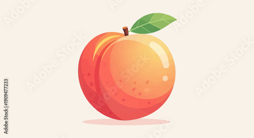 A vibrant, cartoon-style peach with a green leaf, casting a subtle shadow
